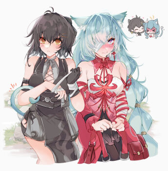 2girls animal_ears bandaged_arm bandages bare_shoulders black_dress black_gloves black_hair blush braid breasts cat_tail closed_mouth collarbone commentary_request cropped_legs detached_sleeves dress earrings female_rover_(wuthering_waves) gloves grey_eyes grey_hair hair_ornament hair_ribbon hairclip halter_dress halterneck highres jewelry kemonomimi_mode low_twin_braids medium_breasts mirui multicolored_hair multiple_girls multiple_views outdoors parallel_hairclips phrolova_(wuthering_waves) red_dress red_ribbon ribbon rover_(wuthering_waves) short_shorts shorts single_detached_sleeve streaked_hair tail twin_braids wuthering_waves yellow_eyes yuri