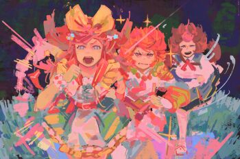 +_+ 3girls agnes_digital_(full-color_fangirling)_(umamusume) agnes_digital_(umamusume) animal_ears aqua_skirt armor bead_necklace beads belt belt_buckle black_skirt blue_bow blue_bowtie blue_corset blue_eyes bow bowtie bracer brown_hair buckle cewid clenched_hands clenched_teeth commentary corset cowboy_shot cross-laced_clothes cross-laced_dress crown determined dress dress_under_skirt english_commentary floating_clothes floating_hair forehead frilled_dress frilled_sailor_collar frilled_wrist_cuffs frills full_body furrowed_brow gold_corset grass grey_skirt hair_bobbles hair_bow hair_ornament highres horse_ears horse_girl horse_tail jewelry large_bow layered_skirt long_hair long_sleeves looking_at_viewer medium_skirt meisho_doto_(turbulent_blue)_(umamusume) meisho_doto_(umamusume) mini_crown miniskirt mismatched_wrist_cuffs motion_lines multicolored_hair multiple_girls neck_ribbon necklace night open_mouth orange_hair outdoors pantyhose pauldrons pink_crown pink_hair pink_skirt pink_wrist_cuffs print_skirt puffy_long_sleeves puffy_short_sleeves puffy_sleeves purple_eyes racing red_belt red_ribbon red_sailor_collar red_sandals ribbon running sailor_collar sandals shirt short_dress short_hair short_sleeves shoulder_armor showgirl_skirt skirt sparkle sparkling_eyes star_(symbol) star_print streaked_hair striped_clothes striped_skirt sweat t.m._opera_o_(o_sole_suo!)_(umamusume) t.m._opera_o_(umamusume) tail teeth two-tone_skirt two_side_up umamusume v-shaped_eyebrows vertical-striped_clothes vertical-striped_skirt very_long_hair white_dress white_pantyhose white_shirt white_skirt white_wrist_cuffs wrist_cuffs yellow_bow