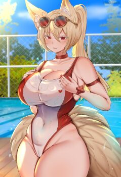 Rule 34 | 1girl, absurdres, animal ear fluff, animal ears, armband, blonde hair, blush, breasts, cameltoe, choker, cleavage, covered navel, fang, hands on own chest, heart, highleg, highleg one-piece swimsuit, highres, large breasts, large tail, lifeguard, long hair, mole, mole under eye, noiretox, one-piece swimsuit, original, outdoors, parted lips, ponytail, pool, red-tinted eyewear, red eyes, red nails, red one-piece swimsuit, smile, solo, standing, sunglasses, sunglasses on head, sweat, swimsuit, tail, thick thighs, thighs, tinted eyewear, white one-piece swimsuit, wide hips, wristband