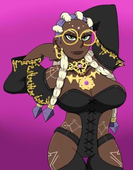 1girl bodypaint braid braided_ponytail breasts cleavage curvy dark-skinned_female dark_skin dolores_(kof) dope_is_nukat dopeisnukat dress earrings female_focus glasses gold highres huge_breasts jewelry large_breasts long_hair looking_at_viewer multicolored_hair nukat_is_dope nukatisdope panties purple_hair round_eyewear standing the_king_of_fighters thick_thighs thighs two-tone_hair underwear white_hair wide_hips