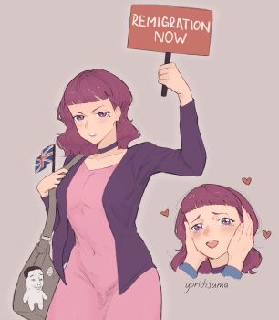 1girl 2026 absurdres amelia_(pathways) angry animification artist_name bag black_choker blunt_bangs blush bob_cut breasts character_doll charlie_(pathways) choker chudjak collarbone commentary covered_navel cropped_jacket disembodied_hand doll dress english_commentary guridisama hands_on_another's_cheeks hands_on_another's_face happy heart highres jacket long_sleeves looking_at_viewer medium_breasts mole mole_under_eye pathways_(game) pink_dress purple_background purple_eyes purple_hair purple_jacket purple_lips shoulder_bag simple_background v-shaped_eyebrows