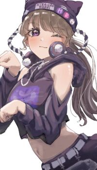 1girl ;3 alternate_costume animal_hat bare_shoulders black_hat black_hoodie blush breasts brown_hair cat_hat clothing_cutout commentary_request cropped_hoodie fujishima_megumi hat headphones headphones_around_neck highres hino_(hinonoq) hood hood_down hoodie large_breasts link!_like!_love_live! long_hair long_sleeves looking_at_viewer love_live! navel nyao_signyal one_eye_closed paw_pose ponytail purple_eyes shoulder_cutout solo stomach upper_body virtual_youtuber