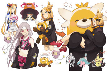 1girl abigail_williams_(fate) abigail_williams_(traveling_outfit)_(fate) absurdres alternate_color bandaid bandaid_on_face bandaid_on_forehead bewear black_coat blonde_hair blue_eyes bow carrying coat cosplay cropped_legs double_bun drifloon dynamax dynamax_ball dynamax_band fate/grand_order fate_(series) gen_4_pokemon gen_6_pokemon gen_7_pokemon gen_8_pokemon grin gym_challenge_uniform hair_bow hair_bun hatenna highres klefki kyojo128 long_hair marnie_(pokemon) marnie_(pokemon)_(cosplay) midriff mimikyu navel nintendo pokemon pokemon_swsh princess_carry red_eyes shiny_pokemon shorts signature single_hair_bun smile stufful white_background