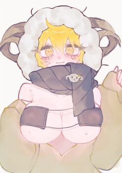1girl :3 akaneeeeee52 black_bra black_scarf blonde_hair bra breasts breasts_out cleavage commentary don_quixote_(project_moon) fur-trimmed_hood fur_trim goat_girl goat_horns green_jacket grey_background hand_up highres hood horns jacket large_breasts limbus_company long_sleeves looking_at_viewer official_alternate_costume open_clothes open_jacket project_moon scarf simple_background solo sweat underwear upper_body yellow_eyes