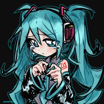 1girl aqua_eyes aqua_hair aqua_necktie bare_shoulders black_background black_sleeves blush commentary crying detached_sleeves grey_shirt hair_between_eyes hair_ornament hatsune_miku headset long_hair necktie number_tattoo pontiikii shirt simple_background sleeveless sleeveless_shirt solo symbol-only_commentary tattoo tears thick_lineart twintails upper_body very_long_hair vocaloid watermark