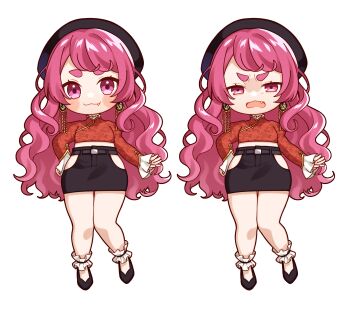 1girl :3 absurdres anklet belt black_belt black_hat black_shoes chibi chinese_clothes commentary_request crop_top earrings fang food fruit groin hand_on_own_hip hat high-waist_skirt highres indie_virtual_youtuber jewelry long_hair mansaya_(vtuber) midriff miniskirt pear-shaped_figure pink_eyes pink_hair shoes skirt thick_eyebrows tohyama_shage very_long_hair virtual_youtuber wavy_hair