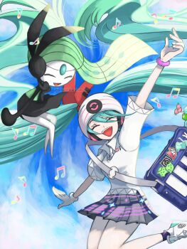 1girl :d bag beanie bracelet closed_eyes cloud collared_shirt commentary_request day eyelashes floating_hair gen_5_pokemon gloves green_hair happy hat hatsune_miku highres jewelry legendary_pokemon long_hair meloetta musical_note mythical_pokemon nintendo open_mouth outdoors piora pleated_skirt pokemon pokemon_(creature) project_voltage psychic_miku_(project_voltage) shirt shoes shoulder_bag single_glove skirt sky smile socks teeth upper_teeth_only vocaloid watermark white_hat