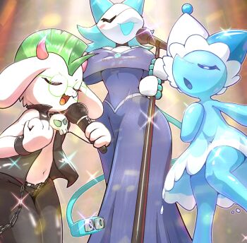 1boy 2girls 610493 animal_ears blue_dress blue_skin blush cable cable_tail cat_ears cat_girl closed_eyes colored_skin deltarune dress furry furry_female furry_male goat_boy goat_ears goat_horns green_hair hat holding holding_microphone holding_microphone_stand horns jester_cap mechanical_tail microphone microphone_stand mizzle_(deltarune) mohawk monster_girl multiple_girls music navel off-shoulder_dress off_shoulder official_alternate_costume open_mouth ralsei ralsei_(lightners_live) rayman_limbs singing skull_ornament slime_girl solid_eyes spotlight tail tasque_manager utdr_(toby_fox) water_dress