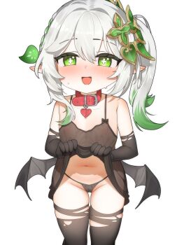1girl absurdres bdsm black_gloves black_panties black_thighhighs blush collar commentary elbow_gloves freehoney genshin_impact gloves green_eyes green_hair hair_ornament highres lifting_own_clothes loli long_hair looking_at_viewer multicolored_hair nahida_(genshin_impact) navel open_mouth panties pointy_ears red_collar side_ponytail simple_background slave solo thighhighs underwear white_background wings