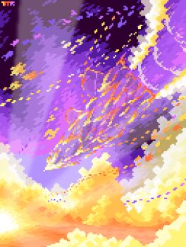 above_clouds cloud dusk highres no_humans orange_sky original pixel_art scenery sky sky_focus sunset tomoruka_mr