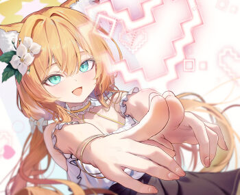 Rule 34 | 1girl, :d, absurdres, animal ear fluff, animal ears, bare shoulders, black skirt, blue archive, blush, chiu538, choker, collar, commentary request, dot nose, flower, green eyes, hair flower, hair ornament, heart, highres, long hair, looking at viewer, low twintails, mari (blue archive), open mouth, orange hair, skirt, smile, solo, twintails