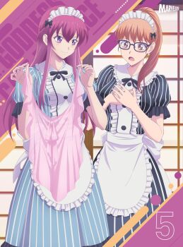 2girls absurdres anime_coloring apron aqua_dress back_ribbon black-framed_eyewear black_ribbon blu-ray_cover blush braid breasts brown_eyes brown_hair center_frills closed_mouth copyright_name cover dress familia_uniform frilled_apron frilled_dress frilled_shirt_collar frilled_sleeves frills glasses green_dress hair_ribbon half_up_braid hand_on_hand hand_on_own_chest hands_up high_ponytail highres holding holding_shirt holding_unworn_clothes lone_nape_hair long_hair long_sidelocks looking_at_object maid maid_headdress makuzawa_ouka marvelous medium_breasts medium_dress megami_no_cafe_terrace multiple_girls neck_ribbon noguchi_masatsune numbered open_mouth own_hands_together pink_shirt ponytail puffy_short_sleeves puffy_sleeves purple_eyes red_hair ribbon rounded_collar second-party_source see-through_clothes see-through_shirt shirt short_sleeves shouji sidelocks sliding_doors smile standing striped_clothes striped_dress unworn_shirt vertical-striped_clothes vertical-striped_dress waist_apron white_apron white_headdress white_ribbon yoshino_hekiru
