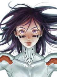 Rule 34 | 1girl, alita, alita: battle angel, android, artist name, battle angel alita, black hair, collarbone, commentary, english commentary, floating hair, highres, korean commentary, long hair, looking at viewer, mixed-language commentary, portrait, purple eyes, simple background, smile, solo, soyun won, straight-on, white background