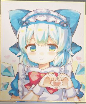 1girl blue_eyes blue_hair blue_ribbon blush cirno closed_mouth coa_(chroo_x) commentary_request hair_ribbon heart heart_hands highres ice ice_wings red_ribbon ribbon short_hair smile solo touhou traditional_media wings