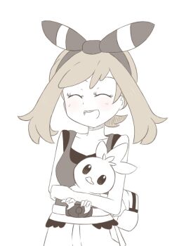 1girl bike_shorts bike_shorts_under_shorts black_tank_top bow_hairband brown_hair chocomiru closed_eyes fanny_pack gen_3_pokemon hairband holding may_(pokemon) nintendo open_mouth pokemon pokemon_oras red_tank_top short_hair shorts smile tank_top torchic white_background