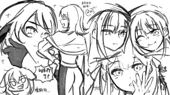 5girls animal_ears bang_dream! bang_dream!_it&#039;s_mygo!!!!! capelet chinese_commentary chinese_text closed_mouth commentary_request dog_ears dog_girl dual_persona greyscale hand_on_another&#039;s_cheek hand_on_another&#039;s_face hand_up highres kemonomimi_mode misumi_uika monochrome mortis_(bang_dream!) mortis_(persona)_(bang_dream!) multiple_girls pants shiina_taki time_paradox togawa_sakiko translation_request wakaba_mutsumi yoyoray20001996