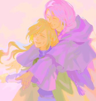 Rule 34 | 2boys, 45liza109, blonde hair, cloak, closed eyes, final fantasy, final fantasy xiv, gensou suikoden, gensou suikoden i, green cloak, green eyes, gremio (suikoden), hug, hug from behind, hythlodaeus, light smile, long hair, multiple boys, purple hair, smile