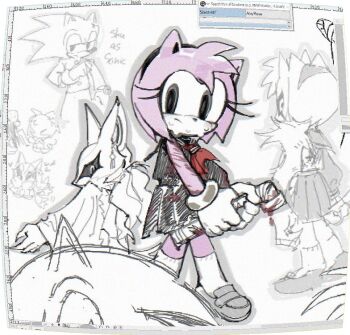 1girl 2boys amy_rose black_eyes black_hairband black_shirt black_skirt blood blood_on_clothes furry furry_female furry_male grey_shoes hairband hashtag-only_commentary hedgehog_girl infinite_(sonic) junero71 mask multiple_boys nervous_sweating pink_fur pink_hair shirt shoes silent_hill_(series) skirt socks sonic_(series) sonic_the_hedgehog sweat white_socks