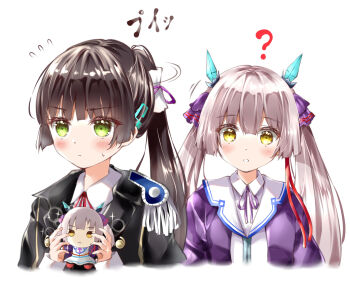 Rule 34 | 2girls, ?, ayaro (genkiloobaii), black hair, black jacket, blunt bangs, blunt ends, blush, brown hair, character doll, closed mouth, clueless, collared shirt, commentary request, cropped torso, doll, embarrassed, eyelashes, eyes visible through hair, flying sweatdrops, frown, green eyes, hair between eyes, hair ribbon, heaven burns red, highres, hime cut, holding, holding doll, jacket, long hair, looking at another, looking to the side, motion lines, multiple girls, natsume inori, neck ribbon, ogasawara hisame, parted lips, ponytail, purple ribbon, purple robe, red ribbon, ribbon, robe, shirt, sidelocks, simple background, sound effects, sparkle, straight hair, twintails, upper body, v-shaped eyebrows, very long hair, white background, white shirt, yellow eyes, yuri