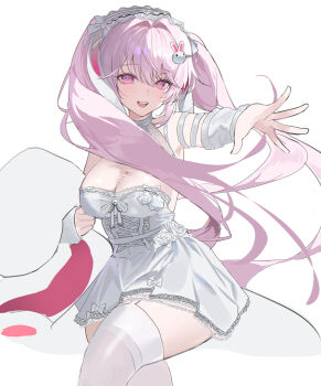 1girl absurdres alice_(marchen_dream)_(nikke) alice_(nikke) breasts cleavage commentary detached_sleeves dodosaae dress goddess_of_victory:_nikke hair_ornament headdress highres large_breasts long_hair looking_at_viewer official_alternate_costume open_mouth pink_eyes pink_hair rabbit_hair_ornament simple_background smile solo thighhighs thighs twintails very_long_hair white_background white_dress white_thighhighs