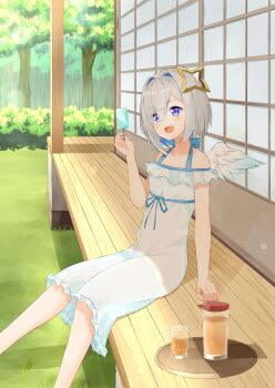 1girl :d absurdres amane_kanata angel_wings architecture backyard bad_id bad_pixiv_id bare_arms bare_shoulders blue_eyes blue_hair blush bob_cut collarbone colored_inner_hair commentary_request cup dress drinking_glass east_asian_architecture eyes_visible_through_hair feet_out_of_frame flat_chest food grass hair_intakes halo halter_dress halterneck highres hololive japanese_house looking_away mini_wings multicolored_hair open_mouth outdoors popsicle shade short_dress short_hair shouji silver_hair sitting sleeveless sleeveless_dress sliding_doors smile solo stack_bond star_halo summer sundress tray tree two-tone_hair veranda virtual_youtuber white_dress white_wings wings wooden_floor yamae_saki