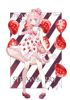 Rule 34 | 1girl, absurdres, ankle socks, artist name, bag, bare shoulders, black background, blue eyes, border, bow, bowtie, breasts, brown shoes, cheryl qaq, cleavage, collarbone, cotton candy, dress, english text, eyelashes, food, food-themed bag, food-themed hair ornament, food print, frilled wrist cuffs, frills, fruit, fruit background, fruit print, full body, hair bow, hair ornament, happy, high ponytail, highres, holding, holding food, holding fruit, knees, light blush, mary janes, nail polish, open mouth, original, outside border, pink bag, pink bow, pink bowtie, pink hair, pink wrist cuffs, pleated dress, ponytail, red nails, shoes, short dress, short hair, short ponytail, shoulder bag, single wrist cuff, sleeveless, sleeveless dress, smile, socks, solo, standing, strawberry, strawberry hair ornament, strawberry print, strawberry slice, striped background, two-tone background, wavy hair, white background, white border, white dress, white socks, wrist cuffs