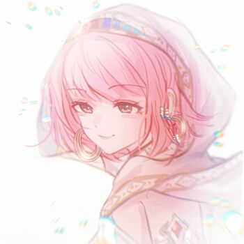 1girl armlet bare_shoulders beads blunt_bangs brown_eyes chinese_commentary cloak closed_mouth commentary_request earrings eyelashes floating_clothes gold_armlet gold_earrings hair_beads hair_ornament happy highres hood hood_up hooded_cloak hoop_earrings infinity_nikki jewelry light_particles lipstick looking_ahead loose_hair_strand makeup nikki_(nikki) nikki_(series) pink_hair pink_lips purifying_wind_(infinity_nikki) qingjiu959 shirt short_hair simple_background sleeveless sleeveless_shirt smile solo upper_body white_background white_cloak white_shirt wind