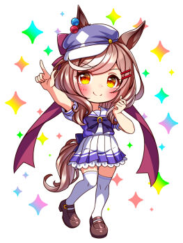 1girl animal_ears blush bow bowtie breasts brown_hair chibi chibi_only closed_mouth commentary_request ears_through_headwear full_body hair_ornament hairclip hat highres horse_ears horse_girl horse_tail looking_at_viewer matikanetannhauser_(umamusume) medium_hair multicolored_hair newsboy_cap pleated_skirt puffy_short_sleeves puffy_sleeves purple_bow purple_bowtie purple_shirt sailor_collar sailor_shirt school_uniform shirt shoes short_sleeves skirt smile solo streaked_hair sugimotty_nova tail thighhighs tracen_school_uniform umamusume white_sailor_collar white_skirt white_thighhighs yellow_eyes zettai_ryouiki