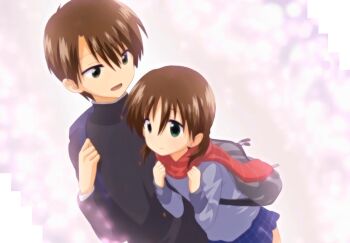 1boy 1girl anime_screenshot brother_and_sister brown_hair green_eyes highres outdoors oyasumi_sex pink_background school_uniform serafuku short_hair siblings standing stitched third-party_edit tsukioka_yui twintails