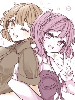 Rule 34 | 2girls, bandaid, bandaid on cheek, bandaid on face, blush, breasts, collared shirt, commentary request, eyelashes, hair between eyes, hair ribbon, highres, kantai collection, looking at viewer, monochrome, multiple girls, nagi kantai114, oboro (kancolle), oboro (kure) (kancolle), official alternate costume, one eye closed, open mouth, ribbon, sazanami (kancolle), sazanami (kure) (kancolle), shirt, short hair, short sleeves, short twintails, simple background, sparkle, twintails, upper body, v