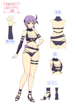 1girl arm_warmers ass asymmetrical_legwear ayane_(doa) bare_shoulders belt bikini black_belt black_bikini black_collar blush breasts butt_crack cleavage collar concept_art contrapposto crossover dead_or_alive dead_or_alive_6 detached_collar flower from_behind full_body hand_on_own_hip headband high_heel_sandals high_heels highres large_breasts linea_alba looking_at_viewer multiple_views navel ninja notes official_alternate_costume official_art production_art purple_flower purple_hair red_eyes reference_sheet sandals senran_kagura senran_kagura_new_link short_hair simple_background single_arm_warmer smile standing swimsuit thigh_gap thigh_strap translation_request turnaround white_background yaegashi_nan