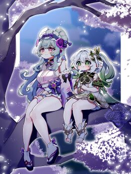 2girls absurdres bare_shoulders black_bow blue_hair blush bow bracelet breasts cherry_blossoms closed_mouth commentary_request cross-shaped_pupils detached_sleeves dress full_body gem genshin_impact gold_trim gradient_hair green_eyes green_hair green_sleeves hair_between_eyes highres in_tree japanese_clothes jewelry kimono long_hair multicolored_hair multiple_girls nahida_(genshin_impact) night nihongami oishii_sasa outdoors own_hands_together pink_kimono pink_sleeves purple_eyes purple_gemstone side_ponytail signature sitting sitting_in_tree sitting_on_branch sleeveless sleeveless_dress sleeveless_kimono smile socks stirrup_legwear symbol-shaped_pupils tail_around_own_leg toeless_legwear toes tree very_long_hair watermark white_dress white_hair white_socks yumemizuki_mizuki