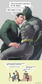2boys ass bara batman batman_(series) belt black_cape black_gloves black_hair black_jacket black_pants bodysuit bruce_wayne cape covered_abs dc_comics dick_grayson dual_persona english_text evinist gloves grey_bodysuit highres jacket jason_todd kon-el large_pectorals male_focus mask multiple_boys muscular muscular_male nightwing pants pectorals red_hood_(dc) robin_(dc) selfcest shirt short_hair smile superboy superman_(series) thick_thighs thighs tim_drake white_shirt yaoi yellow_belt
