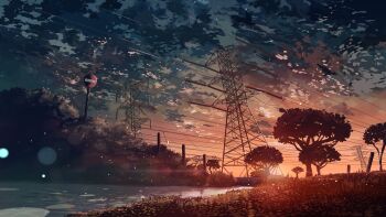 cloud commentary_request evening grass highres hy_vong_(phong_canh) landscape mountain nature no_humans outdoors power_lines river road_sign scenery sign simple_bird sky sunset tree zangskari_commentary