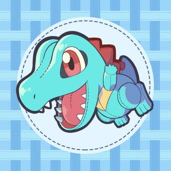 Rule 34 | blue background, commentary, commentary request, english commentary, full body, gen 2 pokemon, looking ahead, mixed-language commentary, nintendo, no humans, objectification, open mouth, pluto.m, pokemon, pokemon (creature), red eyes, sharp teeth, solo, stuffed toy, teeth, totodile