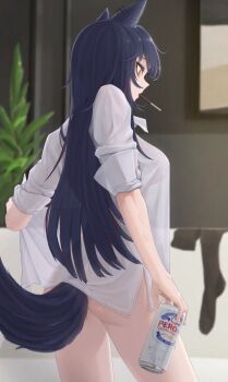 1girl absurdres animal_ears arknights bare_legs beer_can black_hair bottomless can drink_can food highres long_hair mildt naked_shirt pocky shirt solo tail texas_(arknights) white_shirt wolf_ears wolf_girl wolf_tail yellow_eyes