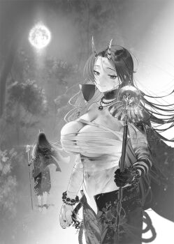 1girl abs breasts cape groin horns large_breasts muscular muscular_female oni open_fly pants sarashi tagme wandmaker_0933