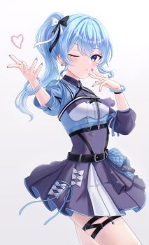 1girl black_ribbon black_skirt blowing_kiss blue_dress blue_eyes blue_hair blue_nails dress earrings hair_ribbon heart highres hololive hololive_idol_uniform_(color_rise) hoshimachi_suisei jewelry looking_at_viewer nail_polish official_alternate_costume one_eye_closed one_side_up open_mouth p8_kei ribbon skirt solo star_(symbol) star_earrings star_in_eye symbol_in_eye thigh_strap virtual_youtuber white_background