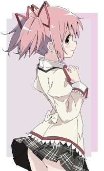 1girl absurdres arched_back arms_up ass back_bow black_skirt bow bowtie from_behind hair_ribbon hand_on_own_chest highres juliet_sleeves kaname_madoka loli long_sleeves looking_at_viewer looking_back maho_ron1 mahou_shoujo_madoka_magica mitakihara_school_uniform no_panties pink_background pink_eyes pink_hair plaid_clothes plaid_skirt puffy_sleeves red_bow red_ribbon ribbon school_uniform short_hair sidelocks skirt smile solo standing twintails upskirt white_background