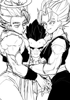 3boys abs absurdres between_pecs between_pectorals blush collarbone cowboy_shot cropped_vest dougi dragon_ball dragon_ball_super dragon_ball_super_broly earrings fang father_and_son gloves gogeta gotenks halo hand_on_another&#039;s_hip hand_on_another&#039;s_shoulder head_between_pecs highres incest jewelry jitome looking_at_another looking_at_viewer looking_down loose_hair_strand male_focus medium_hair metamoran_vest multiple_boys muscular muscular_male no_shirt obata2nd open_clothes open_vest pants pectoral_cleavage pectorals potara_earrings sandwiched sash shirt shirtless_male short_sleeves simple_background sleeveless smile smug spiked_hair sweat trait_connection undershirt vegetto vest wrist_cuffs yaoi