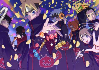 2girls 5boys akatsuki_uniform akimichi_chouchou arm_up black_hair black_headband blonde_hair blue_eyes blue_hair boruto:_naruto_next_generations candy candy_cane chips_(food) closed_eyes commentary_request dark-skinned_female dark_skin donut earrings food forehead_protector glasses green_eyes headband highres holding holding_donut holding_food jewelry kawaki_(boruto) mitsuki_(naruto) multicolored_hair multiple_boys multiple_girls nara_shikadai naruto_(series) naruto_shippuuden o_hqfu one_eye_closed orange_hair potato_chips red_eyes sharingan stud_earrings takoyaki tongue tongue_out two-tone_hair uchiha_sarada undercut uzumaki_boruto white_headband yamanaka_inojin yellow_eyes