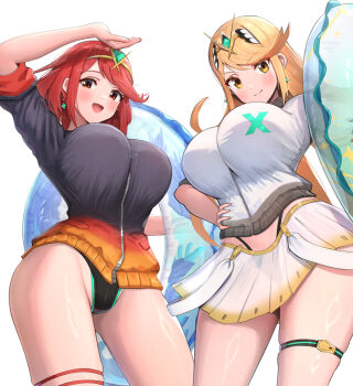 2girls alternate_costume bikini black_bikini black_one-piece_swimsuit blonde_hair blush breasts closed_mouth commentary_request earrings floating_earrings from_below gonzarez gradient_clothes headpiece highres holding holding_swim_ring innertube jacket jewelry large_breasts long_hair looking_at_viewer multiple_girls mythra_(xenoblade) one-piece_swimsuit open_mouth pyra_(pro_swimmer)_(xenoblade) pyra_(xenoblade) red_eyes red_hair short_hair simple_background skirt sleeves_rolled_up smile swept_bangs swim_ring swimsuit swimsuit_under_clothes tags thigh_strap tiara very_long_hair white_background white_jacket white_skirt xenoblade_chronicles_(series) xenoblade_chronicles_2 yellow_eyes