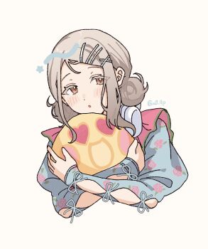 Rule 34 | 1girl, blue shirt, blush, colored eyelashes, commentary request, double bun, floral print, gakuen idolmaster, grey hair, hair bun, hair ornament, hairclip, highres, hugging object, idolmaster, long sleeves, looking at viewer, medium hair, miracle na now! (idolmaster), nashiro (v0 llp), open mouth, orange eyes, parallel hairclips, pillow, pillow hug, shinosawa hiro, shirt, simple background, solo, twitter username, upper body, white background, x hair ornament