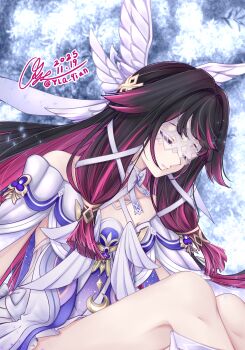 1girl absurdres black_hair choker closed_eyes closed_mouth collarbone columbina_(genshin_impact) dress feathered_wings genshin_impact gradient_hair hair_ribbon head_wings highres long_hair long_sidelocks multicolored_hair multiple_wings pink_hair ribbon sidelocks twitter_username very_long_hair white_choker white_dress white_mask white_ribbon wings y.l.q.