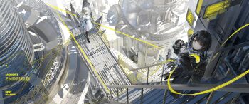 1boy 3girls absurdres animal_ears arknights arknights:_endfield black_coat black_hair blonde_hair blue_eyes building cat_ears cat_girl chen_qianyu_(arknights) coat commentary copyright_name dress duoj_ji endministrator_(arknights) female_endministrator_(arknights) highres jacket long_hair long_sleeves looking_at_viewer male_endministrator_(arknights) multiple_girls off_shoulder perlica_(arknights) satellite_dish short_hair sleeveless sleeveless_dress sweater symbol-only_commentary white_dress white_jacket white_sweater