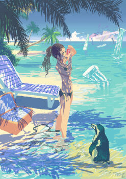 1girl absurdres beach bikini bird black_bikini blue_eyes blue_sky brown_hair can chair cloud column commentary cooler dappled_sunlight day drink_can drinking english_commentary from_side full_body hair_ornament hairclip highres holding holding_can kojomi_(7j543) long_hair looking_ahead lounge_chair ocean original outdoors palm_tree partially_immersed penguin pillar ponytail sky soda_can solo sunlight swimsuit tree wading wet wet_hair