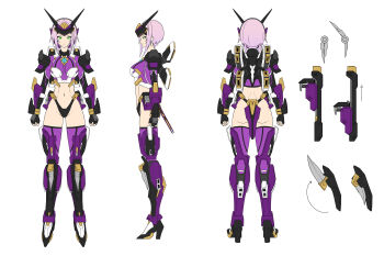 1girl armor arms_at_sides breasts commentary_request commission energy_sword fingerless_gloves flat_color forehead_protector from_behind from_side full_body gloves green_eyes high_heels highres looking_at_viewer mecha_musume mechanical_tail medium_breasts midriff multiple_views mytea_(soso) navel original pink_hair short_hair skeb_commission solo standing straight-on sword tail thighhighs very_short_hair weapon white_background