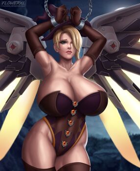 1girl absurdres alternate_breast_size_(larger) alternate_costume armpits arms_up bdsm blonde_hair blue_eyes bondage bound breasts cuffs elbow_gloves female_focus flowerxl gloves highres huge_breasts looking_at_viewer mercy_(overwatch) overwatch shackled shackles solo thick_thighs thighhighs thighs wings wings_through_clothes witch_mercy