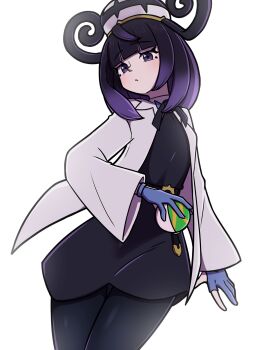 1girl black_dress black_hair black_pantyhose blue_gloves blunt_bangs bob_cut coat commentary_request cowboy_shot dress eyelashes gloves gradient_hair gwynn_(pokemon) hat highres holding holding_poke_ball long_sleeves looking_at_viewer multicolored_hair nest_ball nintendo nirade44 open_clothes open_coat pantyhose parted_lips partially_fingerless_gloves poke_ball pokemon pokemon_legends:_z-a purple_eyes purple_hair short_hair solo white_background white_coat