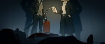 2girls belt black_belt black_coat black_gloves black_pants blonde_hair blood blood_on_clothes coat collared_shirt corpse gloves green_hair gumi hand_in_pocket hand_up highres holding holding_sword holding_weapon jerry_can kagamine_rin lighter long_sleeves multiple_girls open_clothes open_coat pants scabbard sheath shirt shirt_tucked_in short_hair sidelocks sword vocaloid weapon white_shirt wounds404